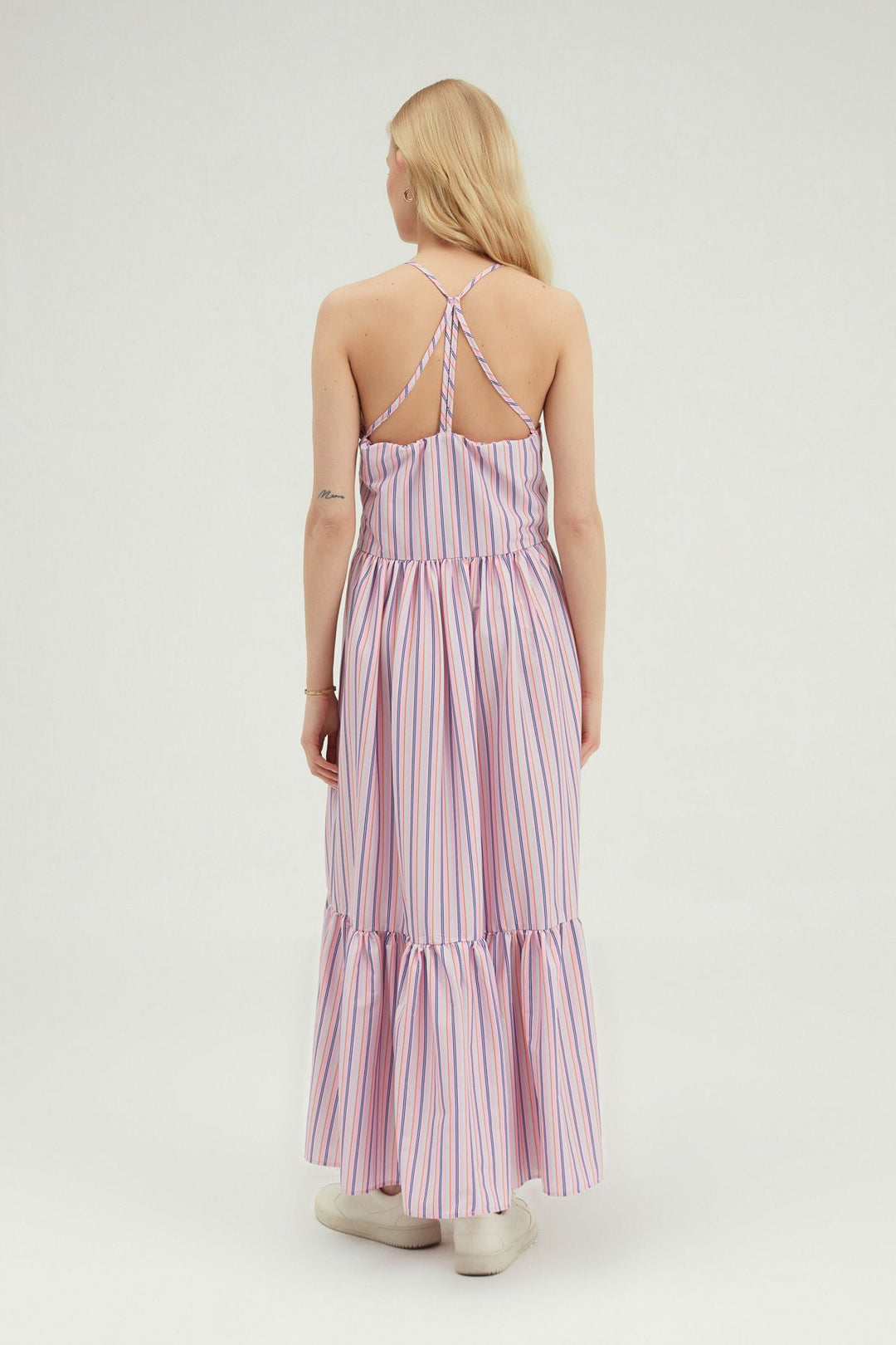 Striped Cross-Strap Long Dress Pink