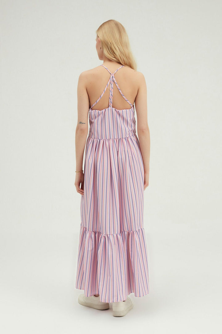 Striped Cross-Strap Long Dress Pink