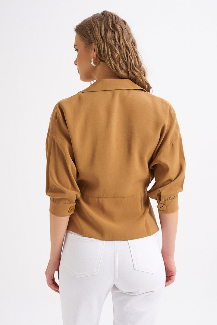 Button Detailed Double Breasted Shirt Camel