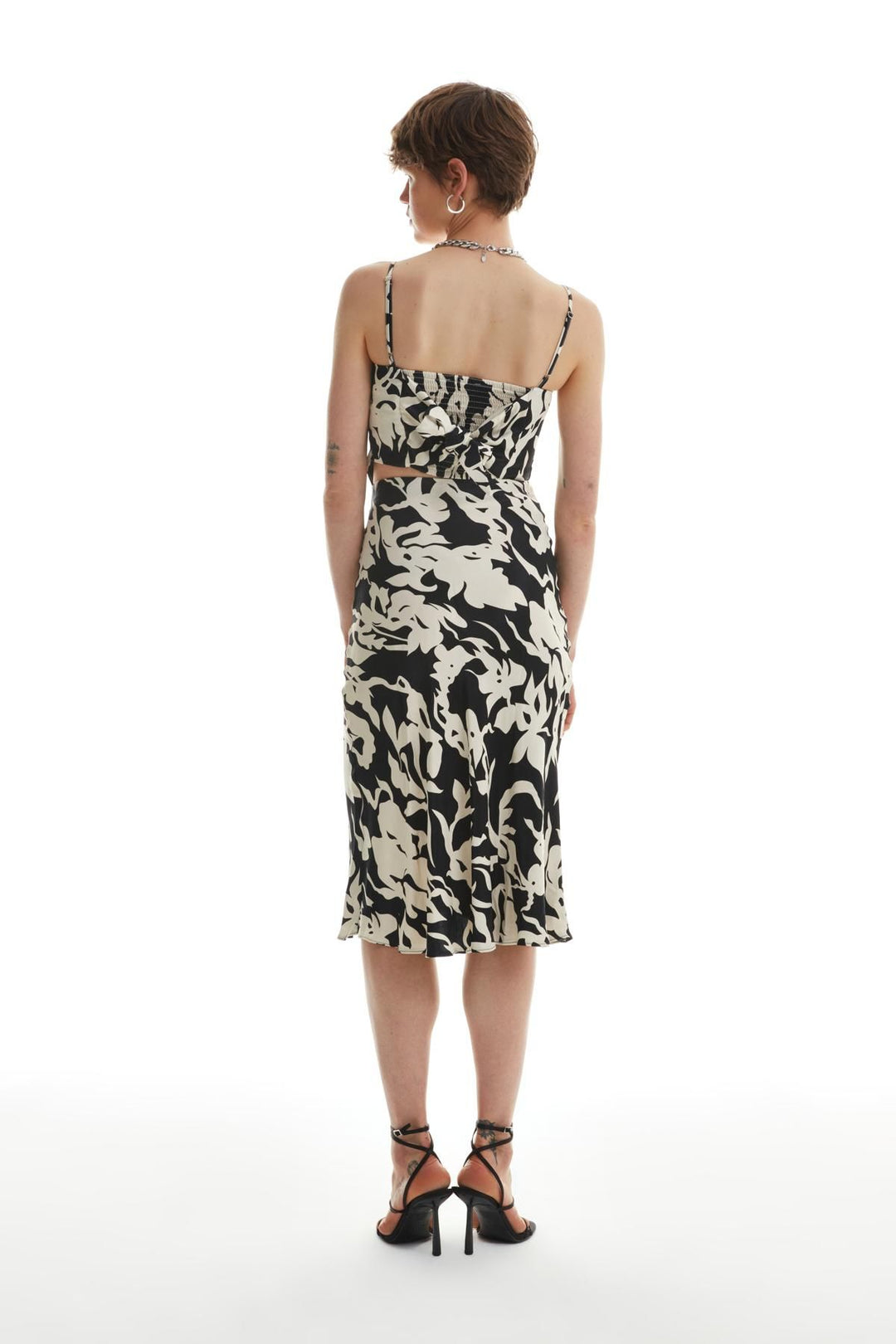 Patterned Satin Midi Skirt Black