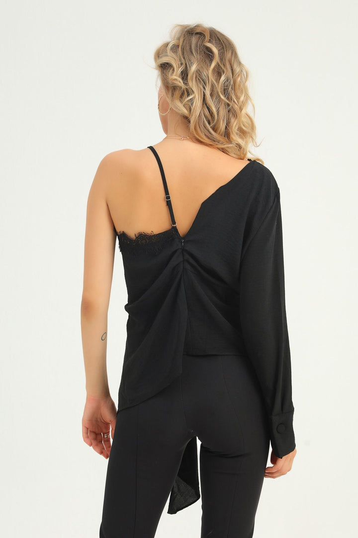 Dantelli Tek Omuz Kruvaze Bluz Siyah
