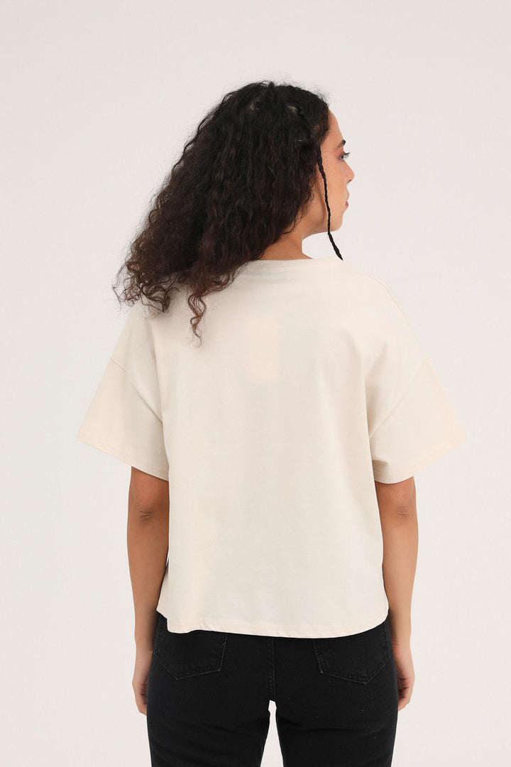 Baskılı Crop Tişört Bej