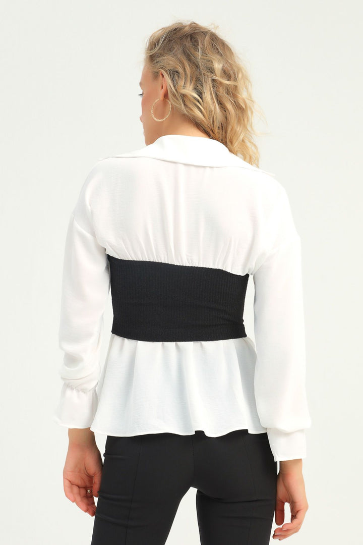 V Yaka Garnili Bluz Ekru