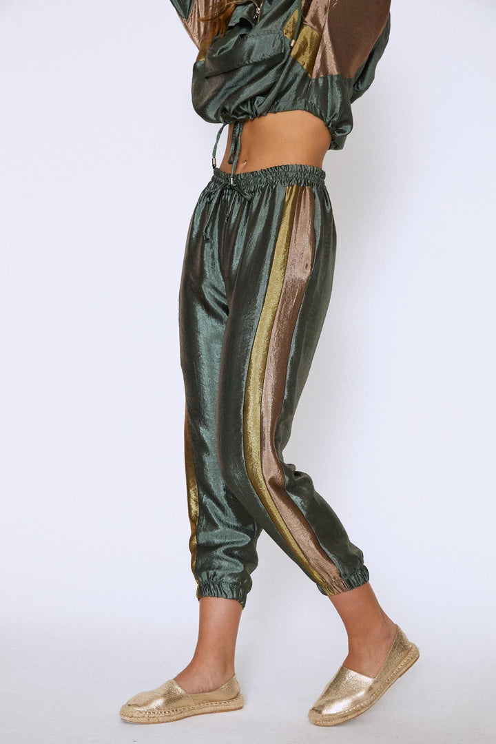 Shiny Striped Jogger Pants Khaki