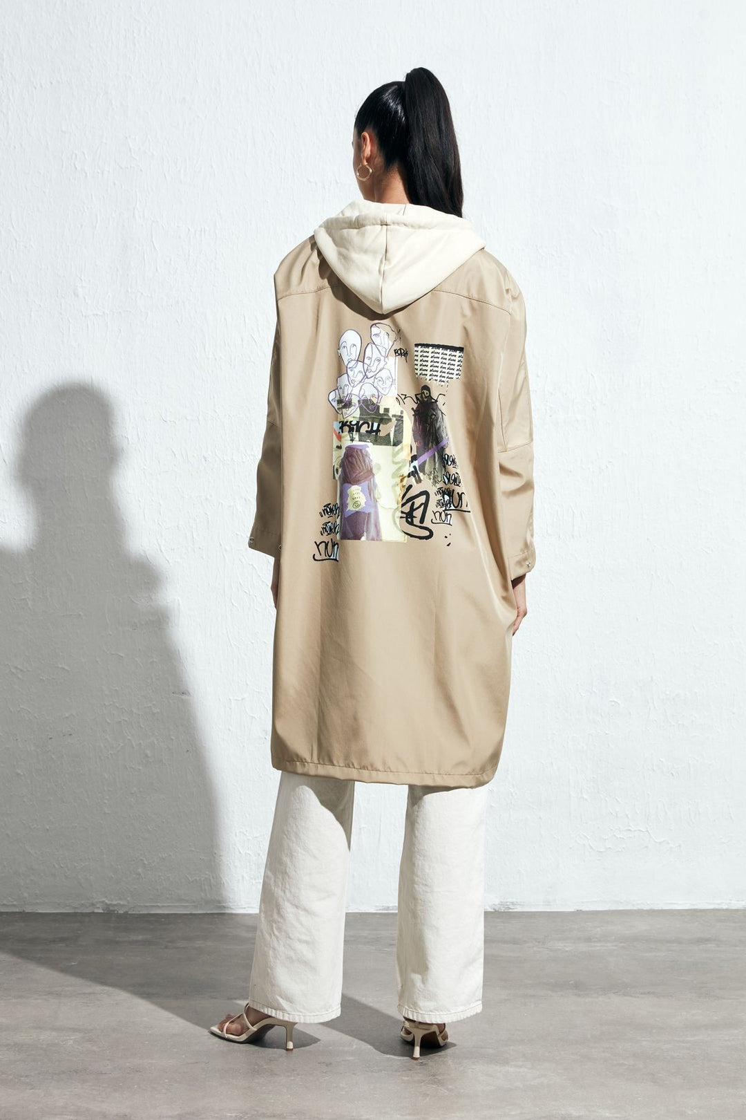 Back Printed Hooded Trench Coat Beige