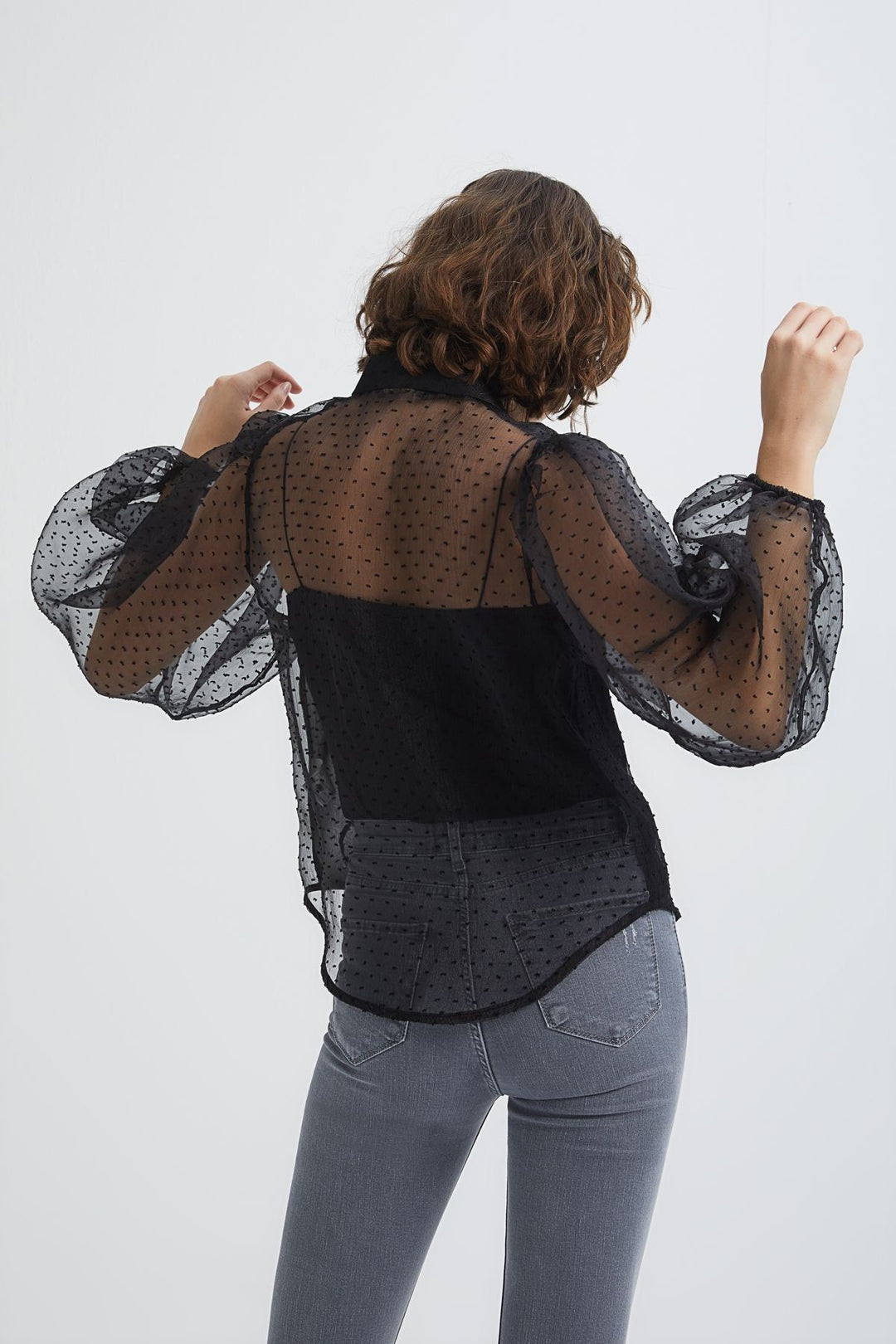 Embossed Sleeves Pleated Tulle Shirt Black