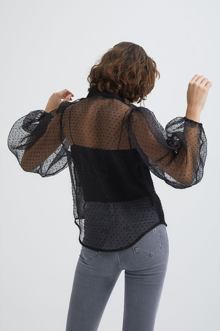 Embossed Sleeves Pleated Tulle Shirt Black