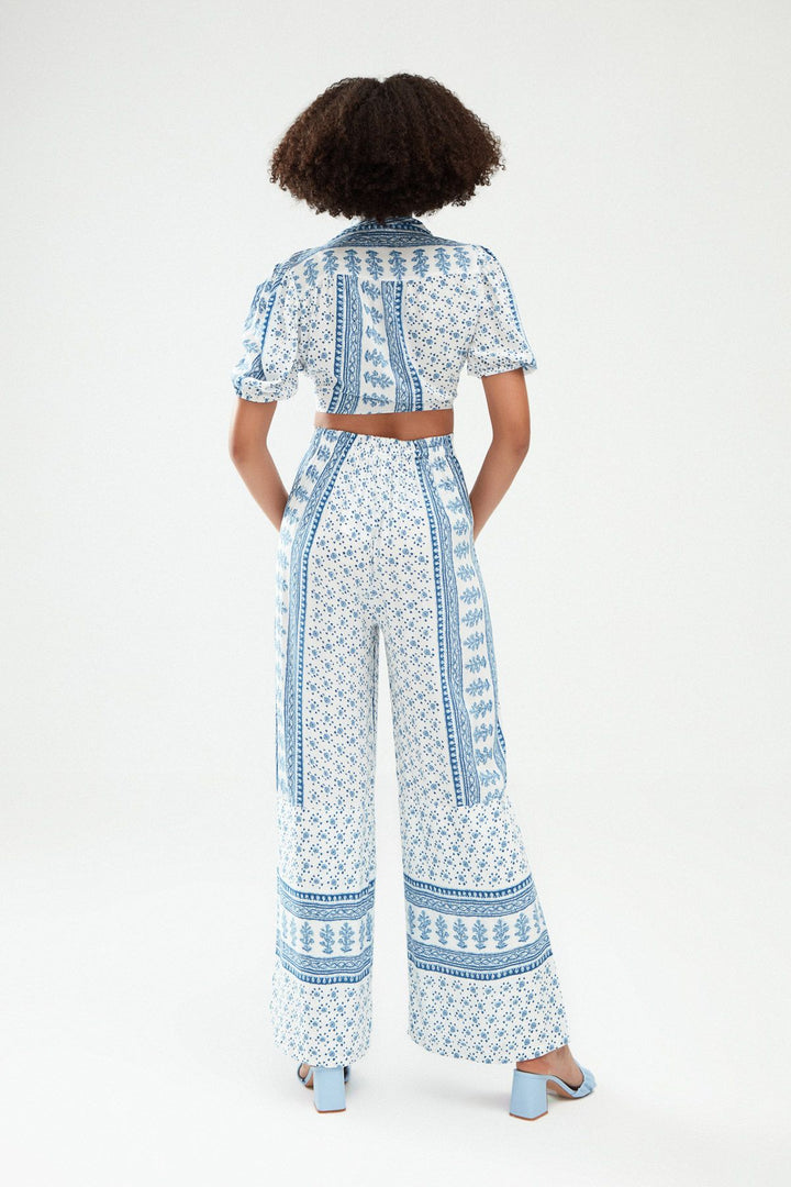 Patterned Slit Wide Leg Trousers Blue