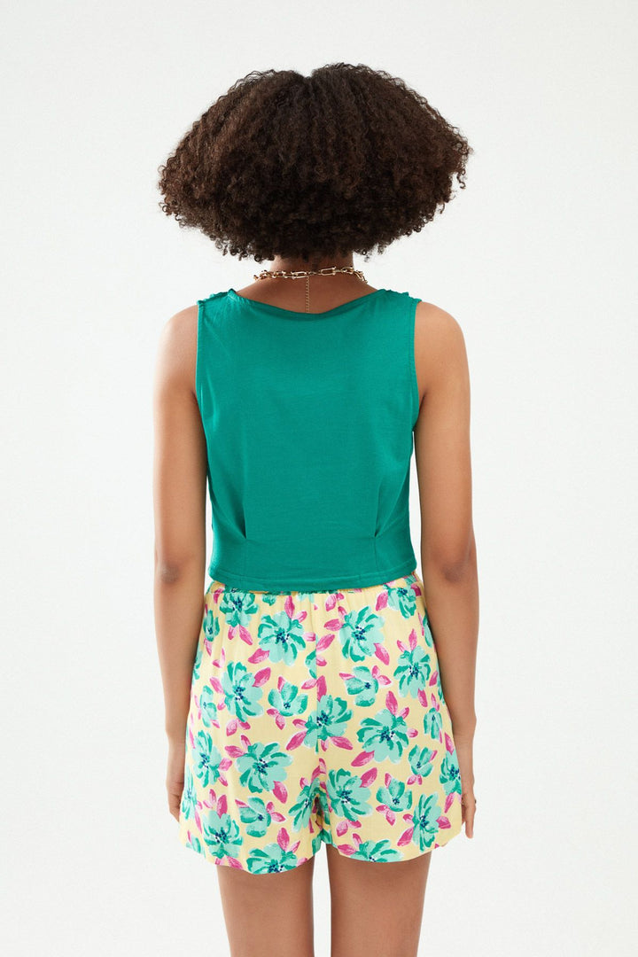 Omuzları Büzgülü Tişört Koyu Yeşil