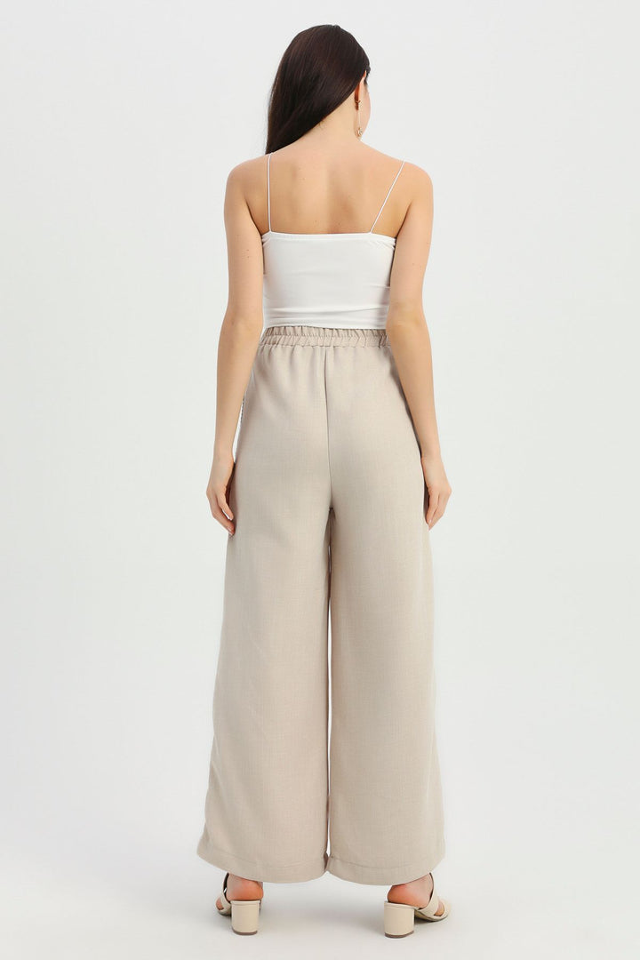 Yanları Şeritli Beli Lastikli Pantolon Bej