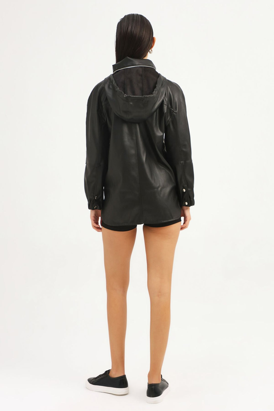 Hooded Zipper Leather Jacket Black