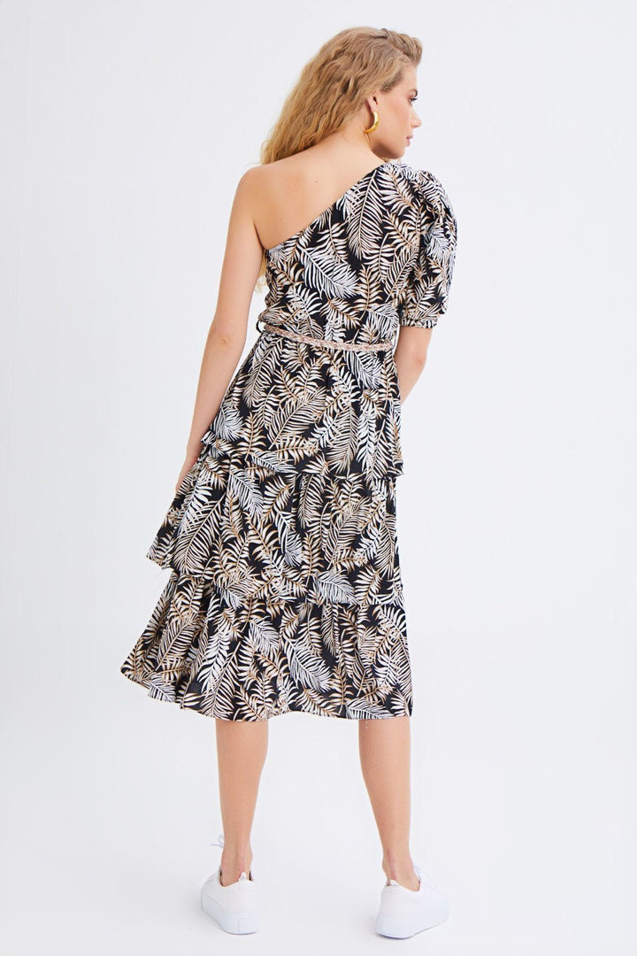 Patterned One-Shoulder Straw Belt Dress Black