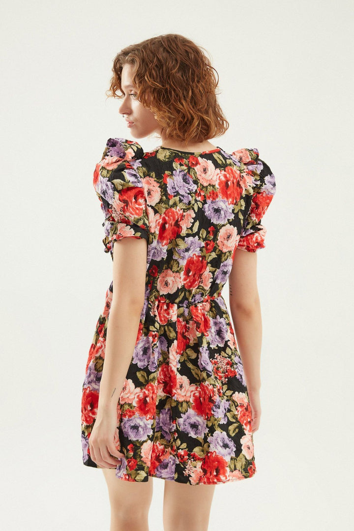 Desenli Fırfırlı Balon Kol Elbise Siyah