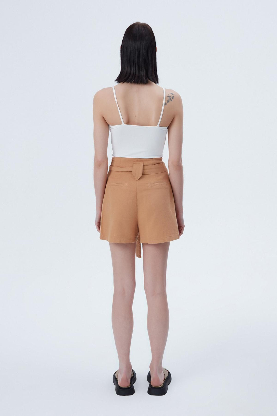 Belt Detailed Gabardine Mini Shorts Light Brown