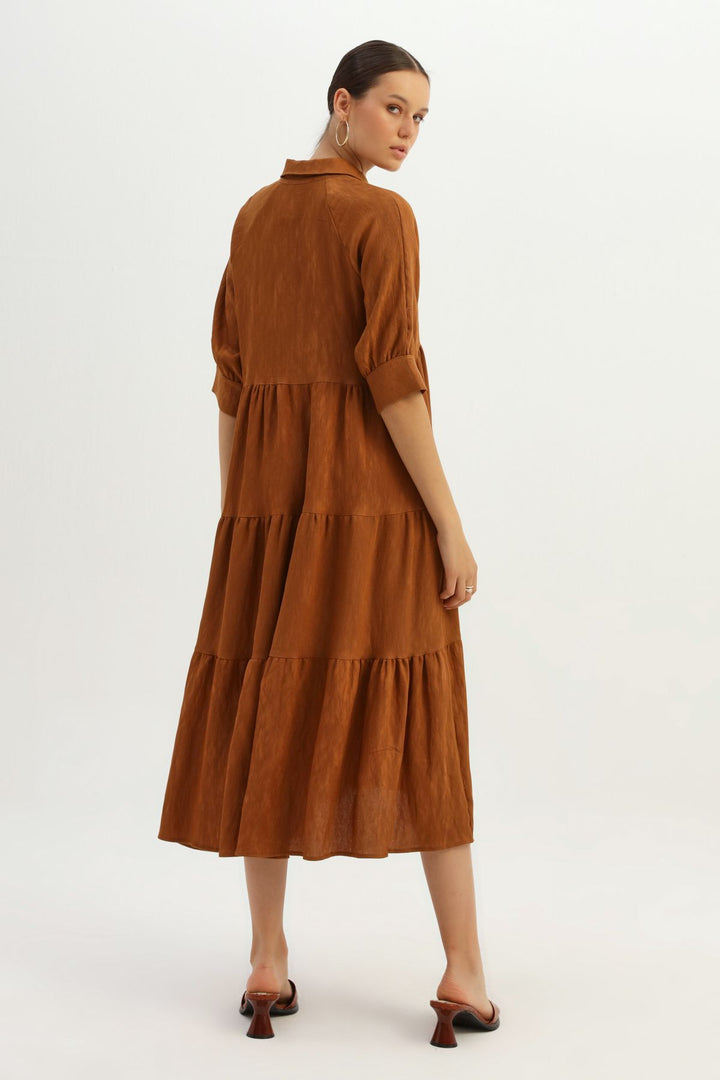 Shirt Collar Raglan Sleeve Dress Brown