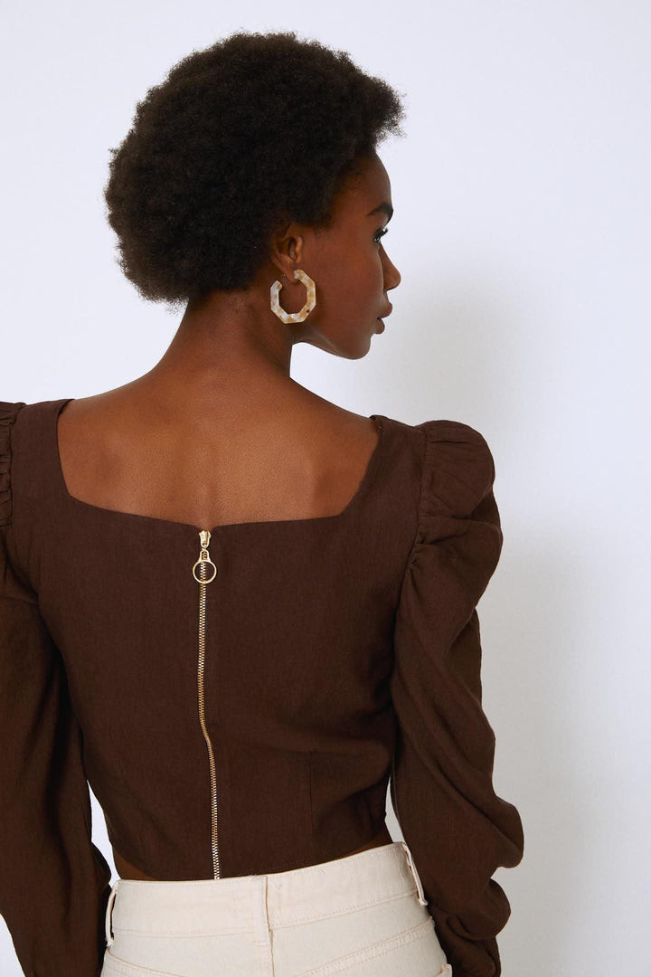 Watermelon Sleeve Square Collar Blouse Dark Brown