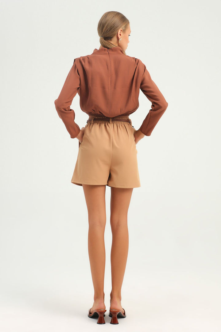 Kemerli Yüksek Bel Şort Camel