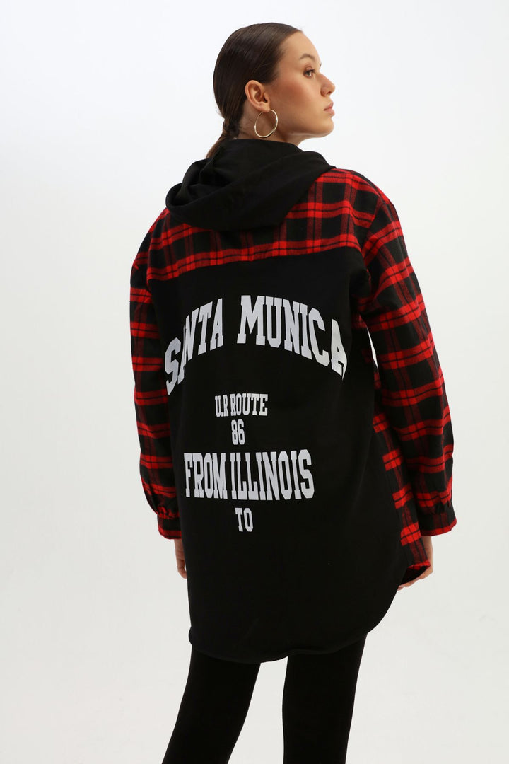 Hooded Back Printed Striped Shirt Red