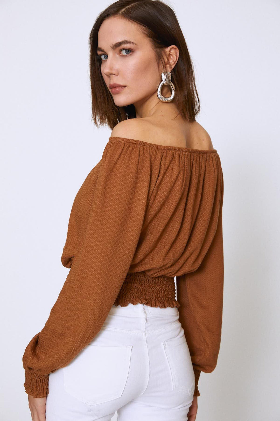 Off Shoulder Gipe Linen Blouse Brown
