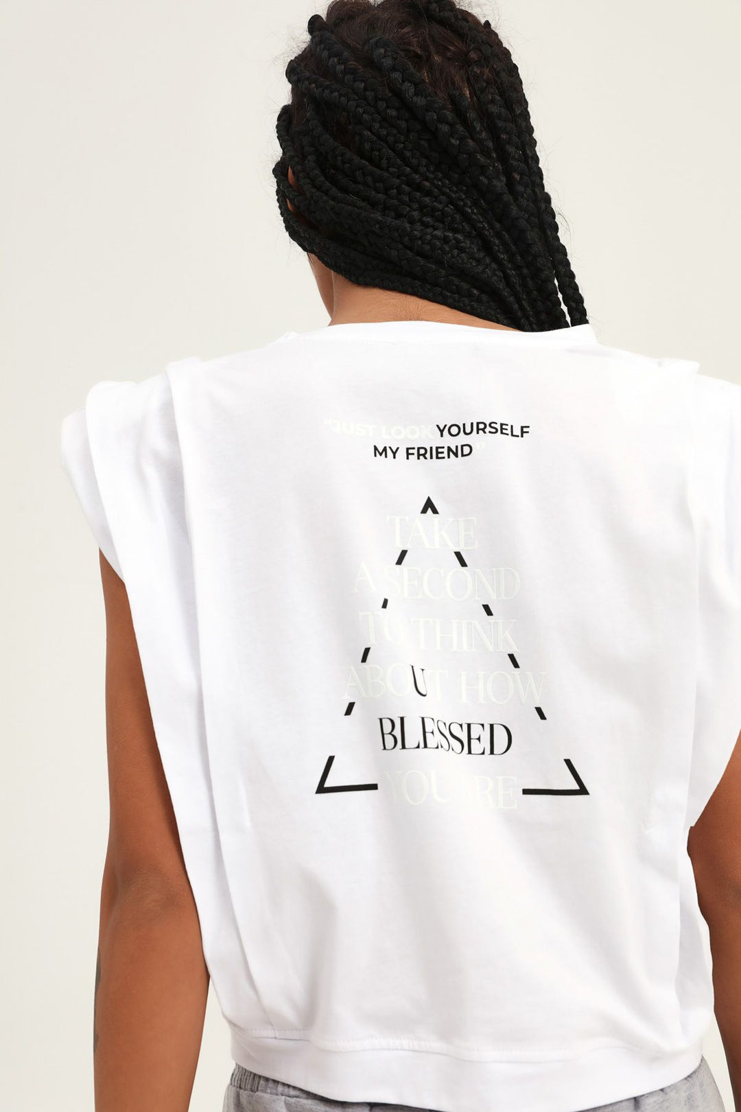 Baskılı Vatkalı Crop Tişört Beyaz