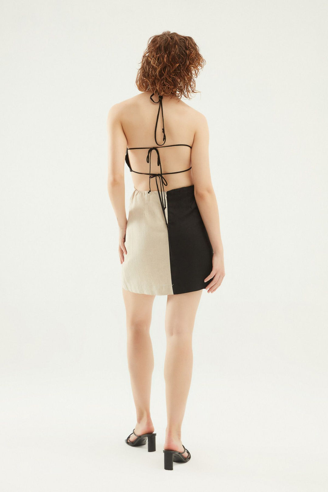 Cut Out Bloklu Keten Elbise Naturel