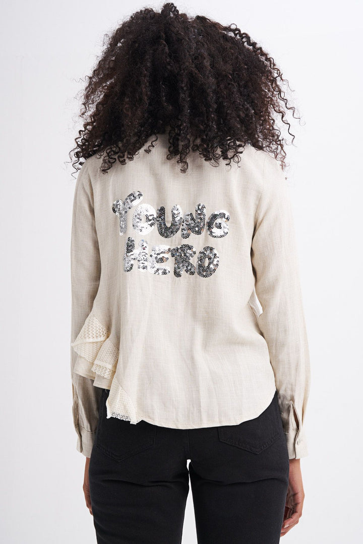 Back Embroidered Ruffle Linen Shirt Natural