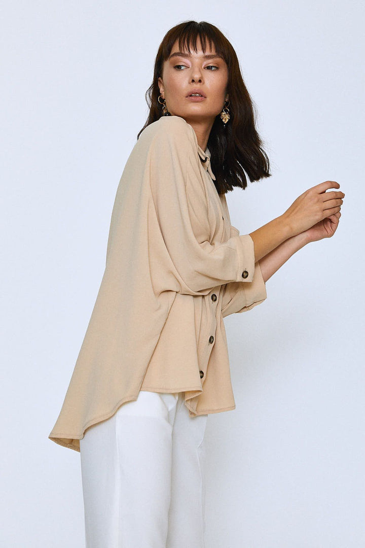 Uzun Oversize Cepli Gömlek Bej