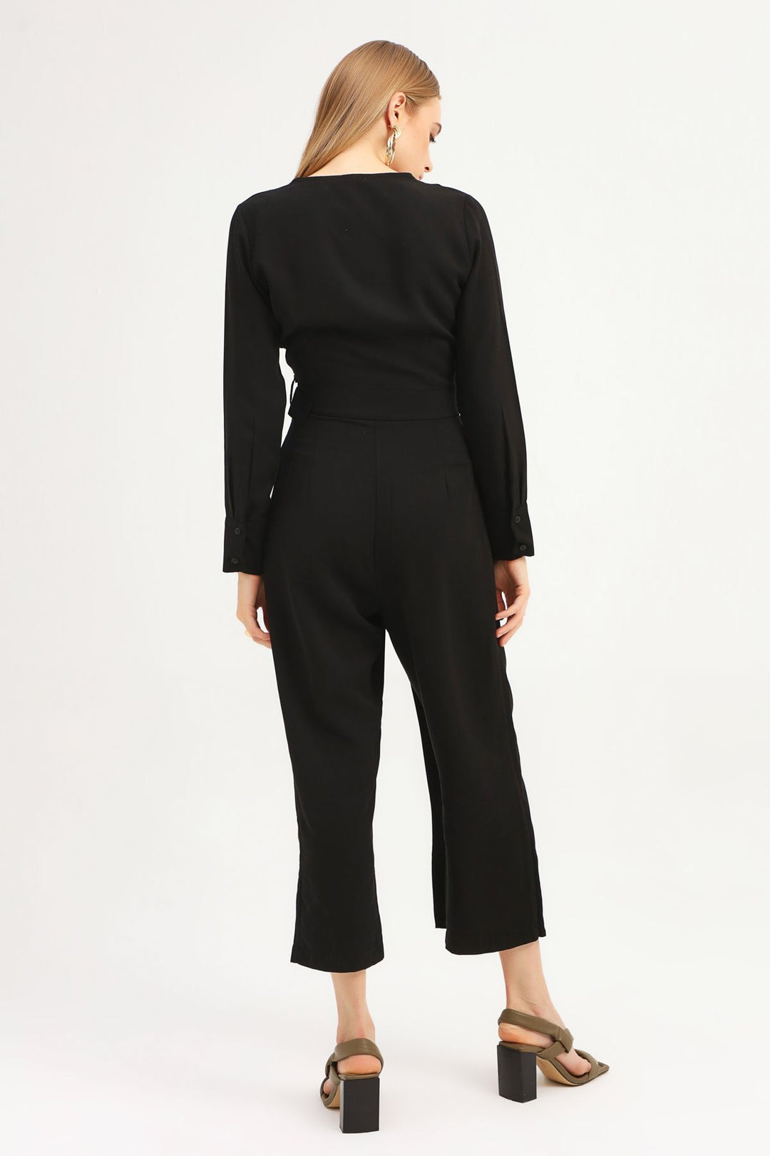 Kemer Detaylı Kruvaze Tulum Siyah