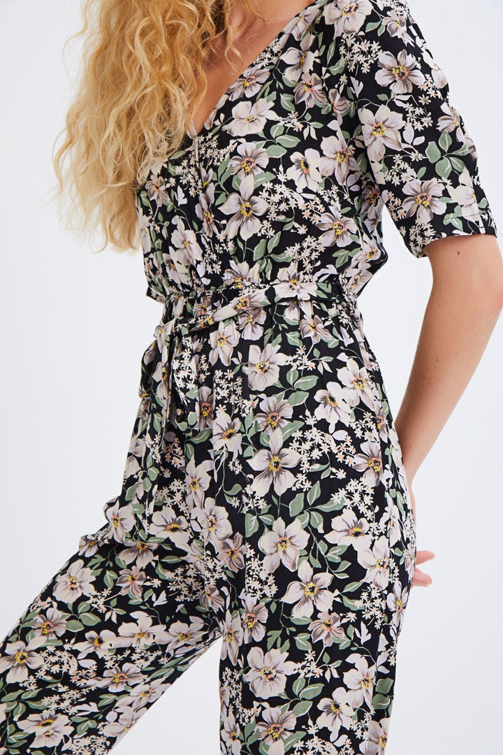 Patterned Waist Belted Double Breasted Jumpsuit Black