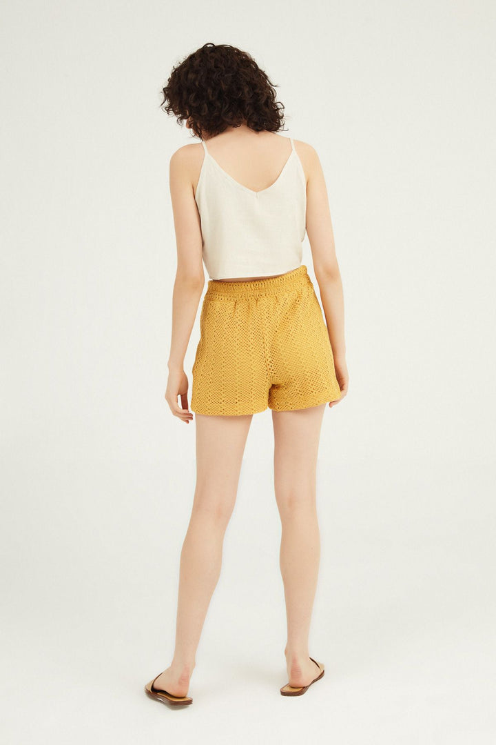 Belt Detailed Laced Shorts Mustard