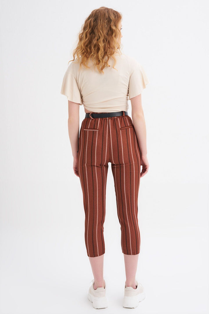 Belted Striped Trousers Brown