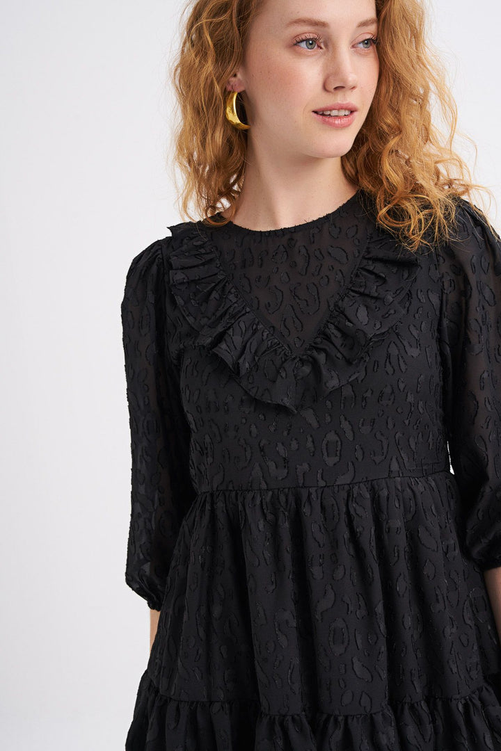 Ruffle Detailed Midi Dress Black