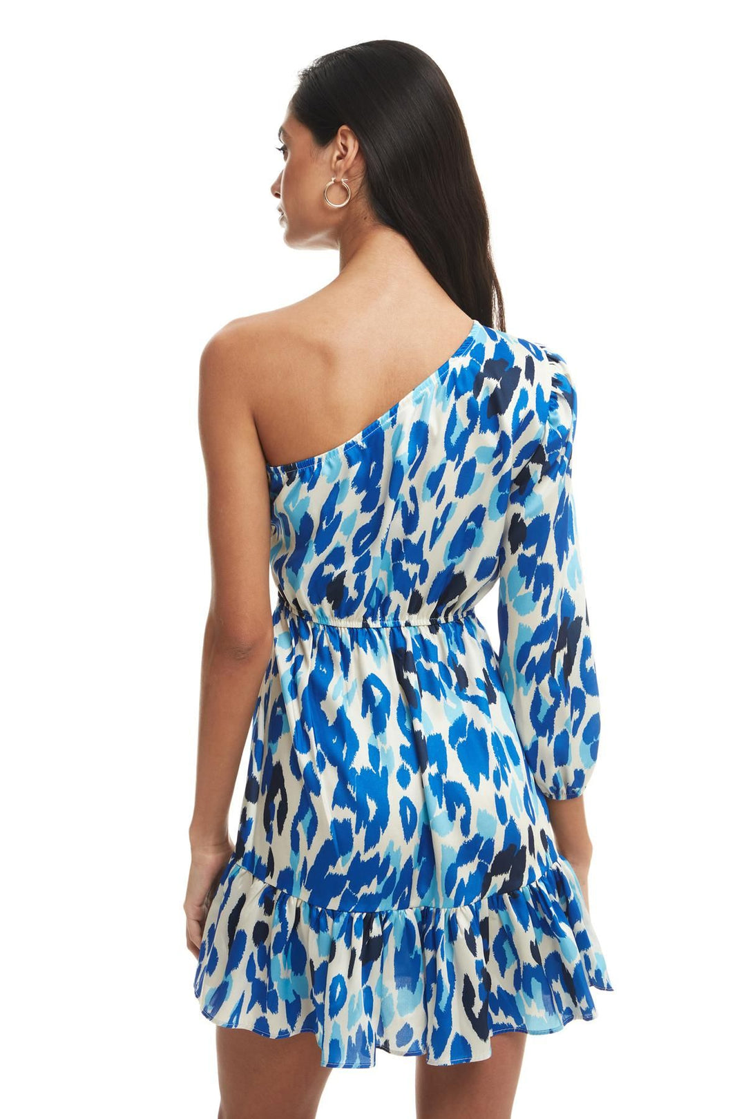 Patterned One Shoulder Dress Sax