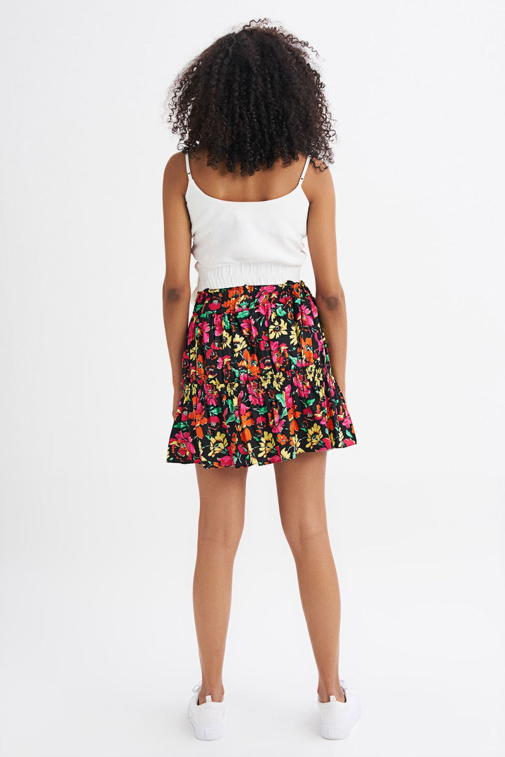 Floral Patterned Elastic Waist Skirt Fuchsia