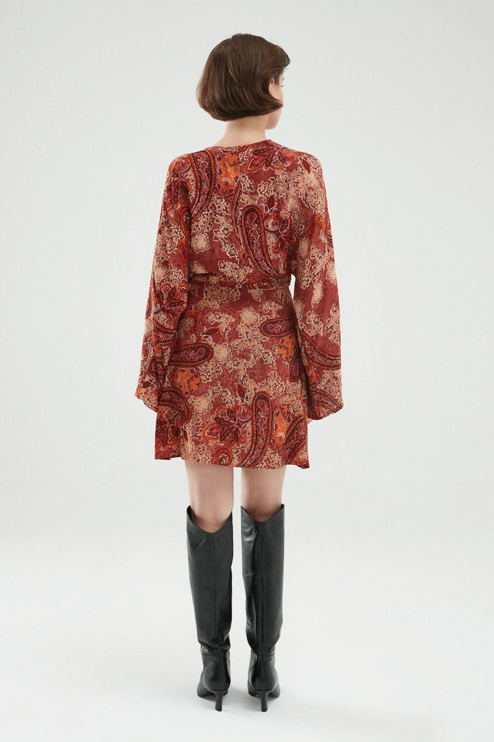 Desenli Anvelop Mini Elbise Kiremit