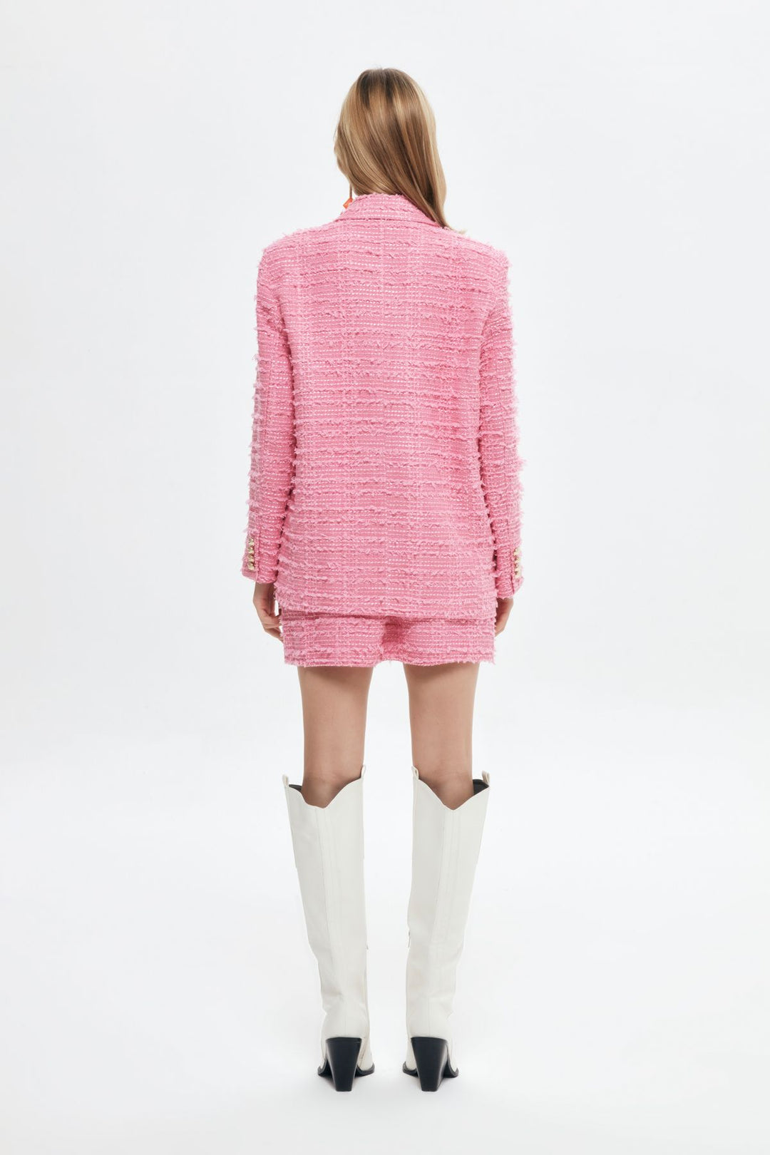 Single Button Tweed Blazer Jacket Pink