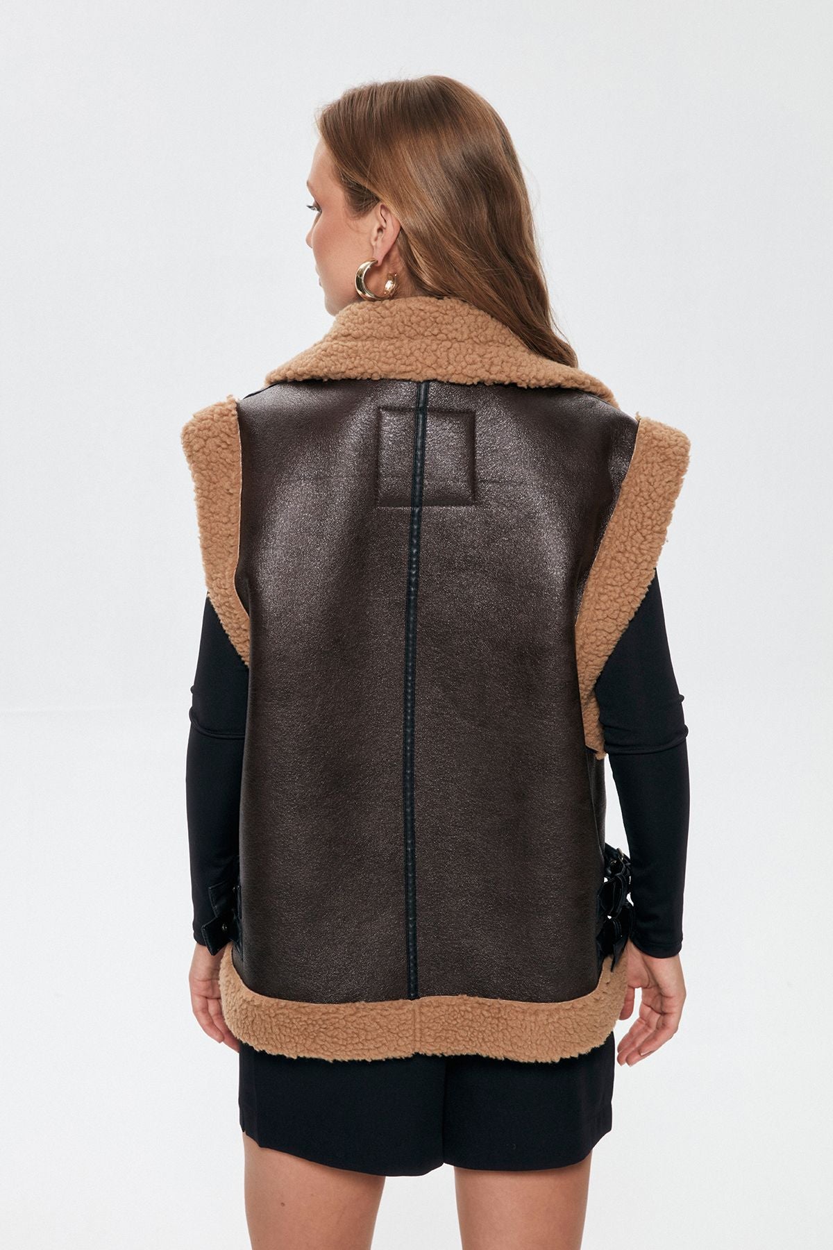 Furry Leather Vest Jacket Brown