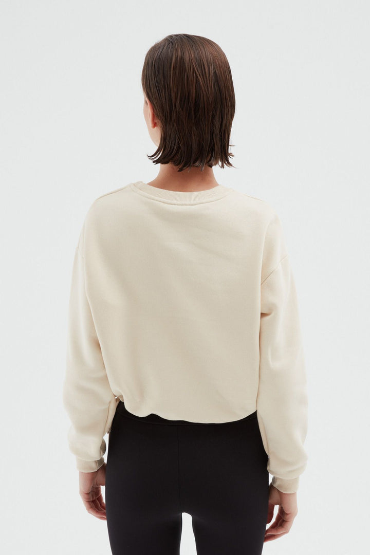 Baskılı Büzgülü Sweatshirt Bej