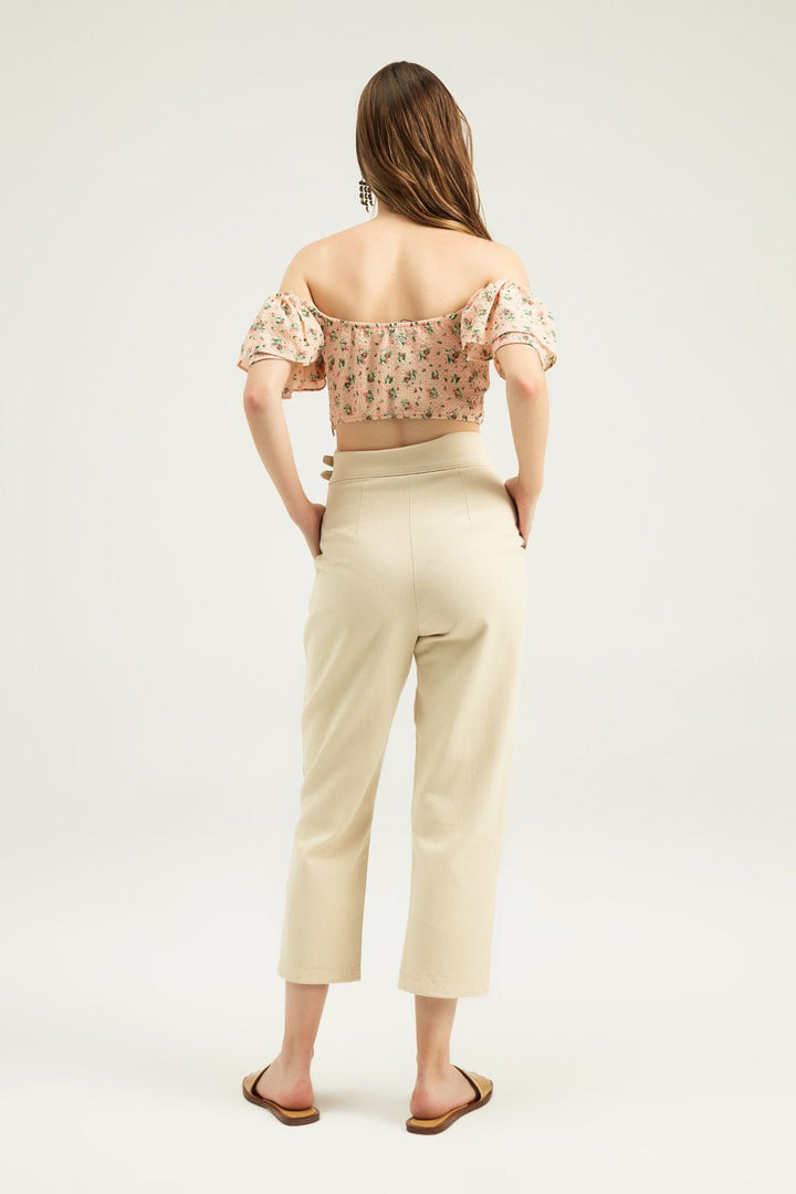 Tokalı Gabardin Yüksek Bel Pantolon Taş