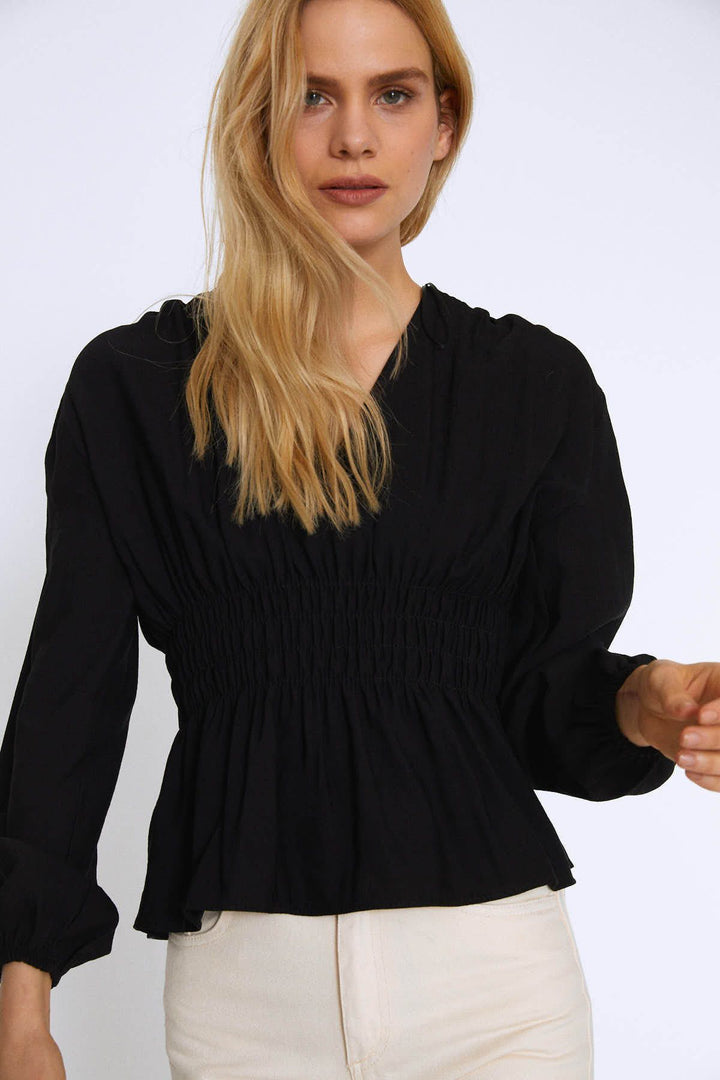 Long Sleeve Blouse With Gipe Waist Black