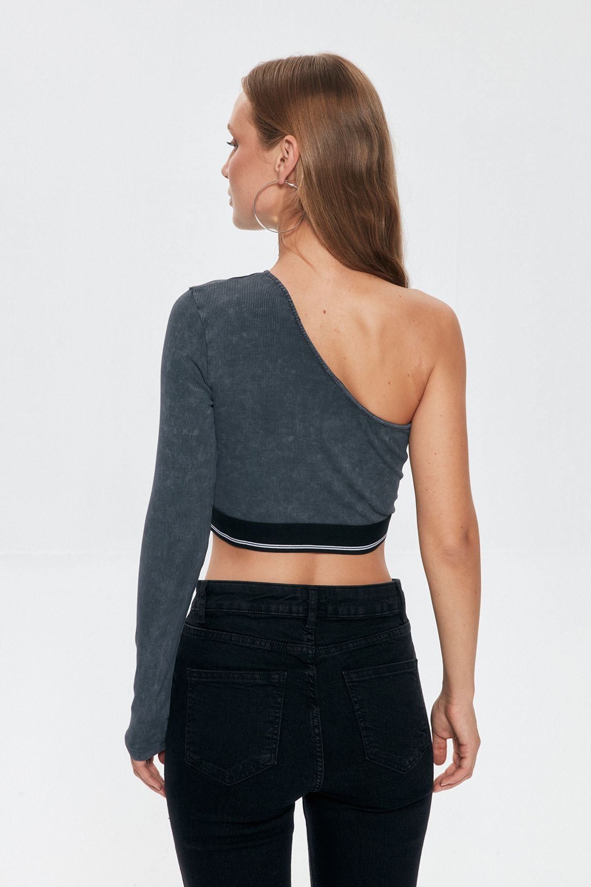 One Shoulder Crop Blouse with Elastic Waist Anthracite