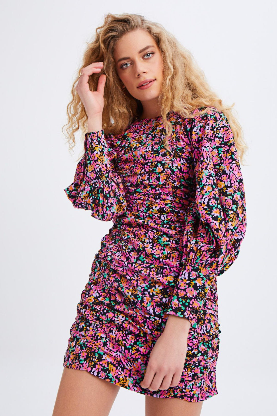 Gipel Balloon Sleeve Mini Dress Fuchsia