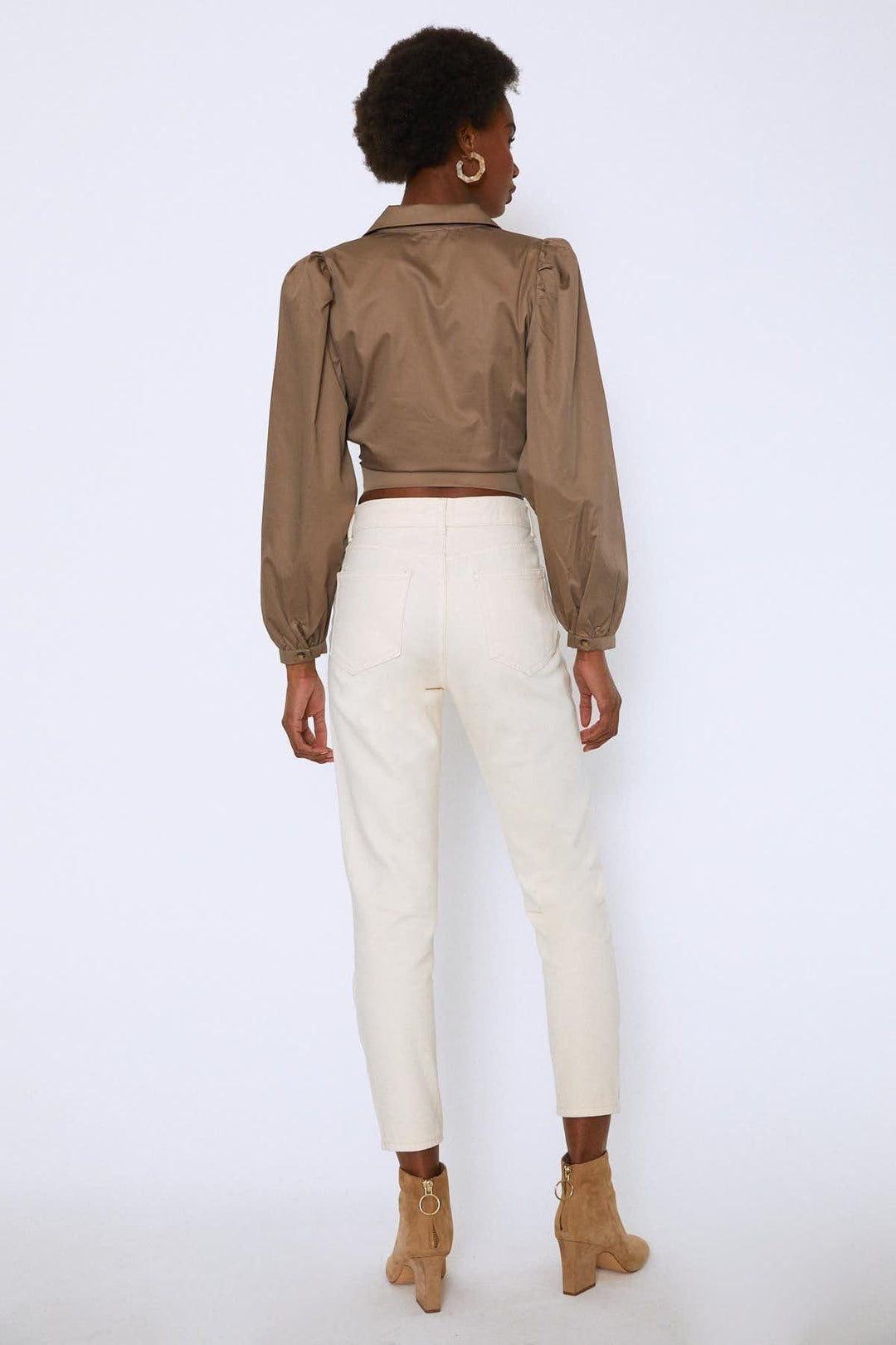 Önü Düğmeli Balon Kol Gömlek Toprak