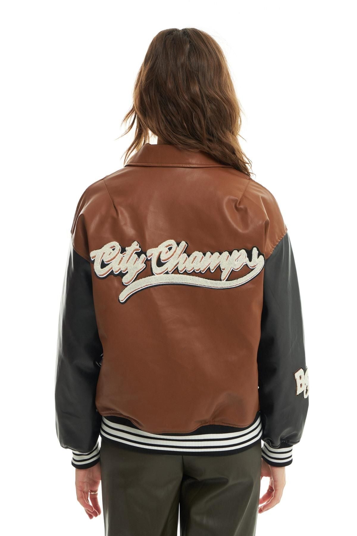Embroidery Detail Leather College Jacket Light Brown
