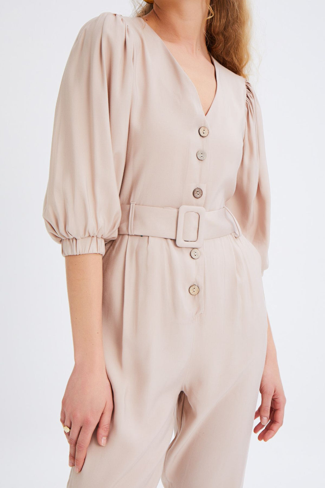 V Yaka Beli Kemerli Tulum Bej