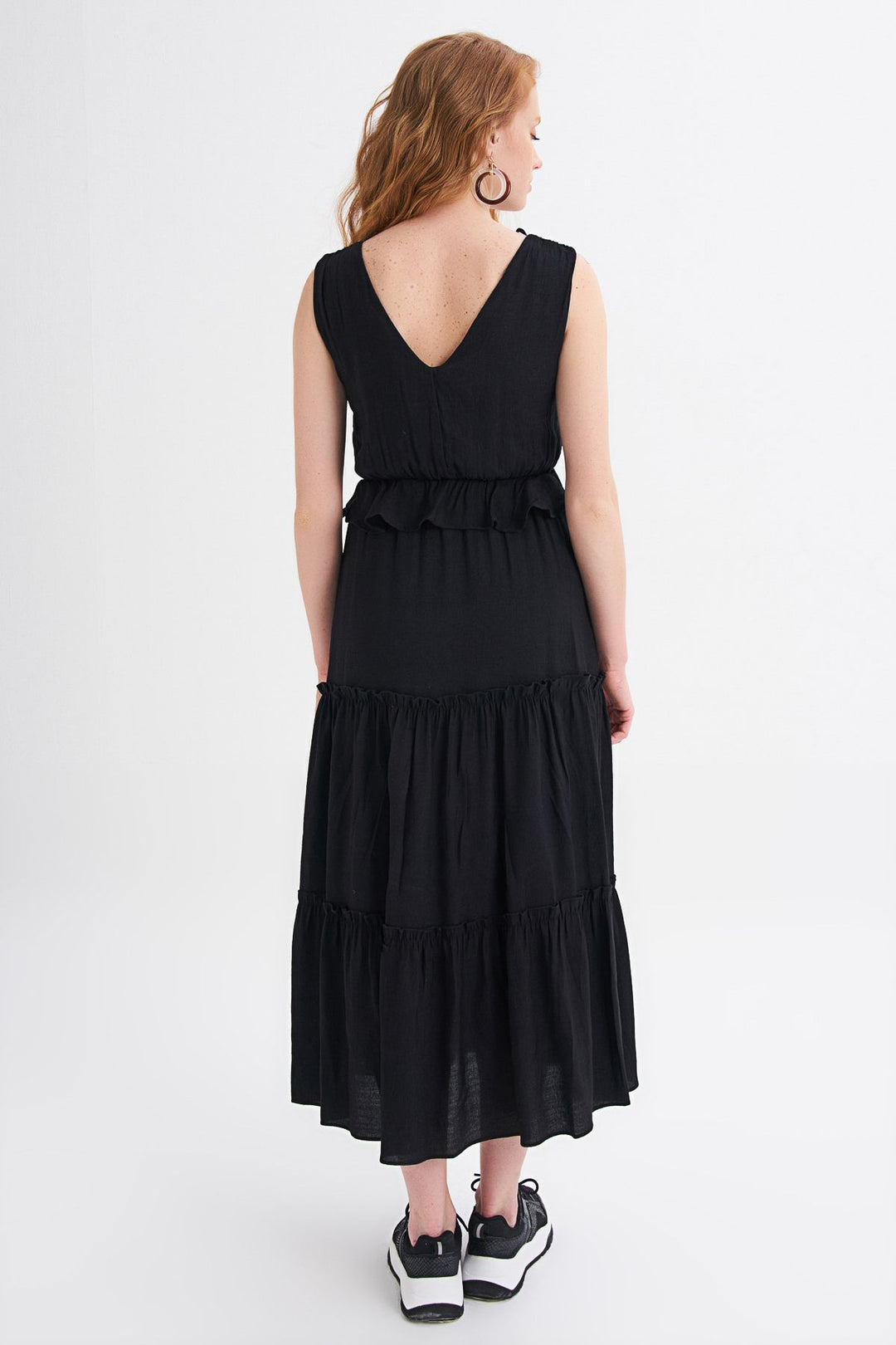 V Yaka Hasır Kemer Detaylı Elbise Siyah