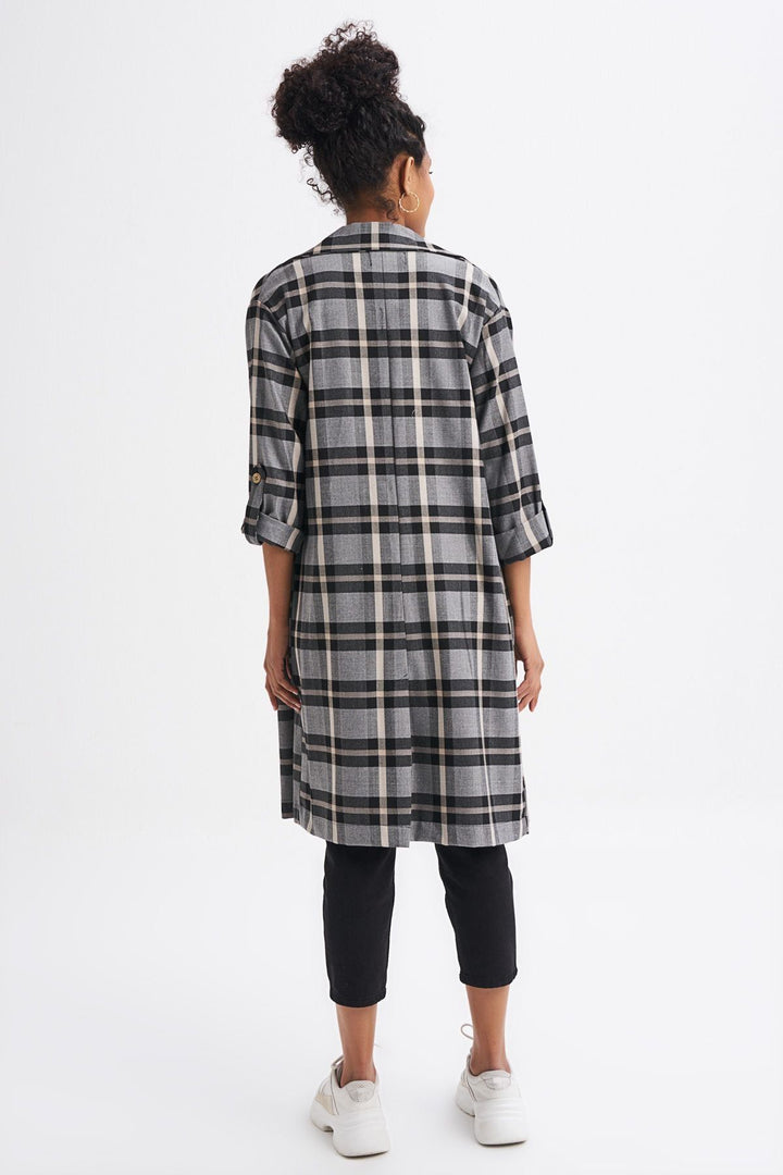 Tek Düğmeli Ekose Ceket Gri