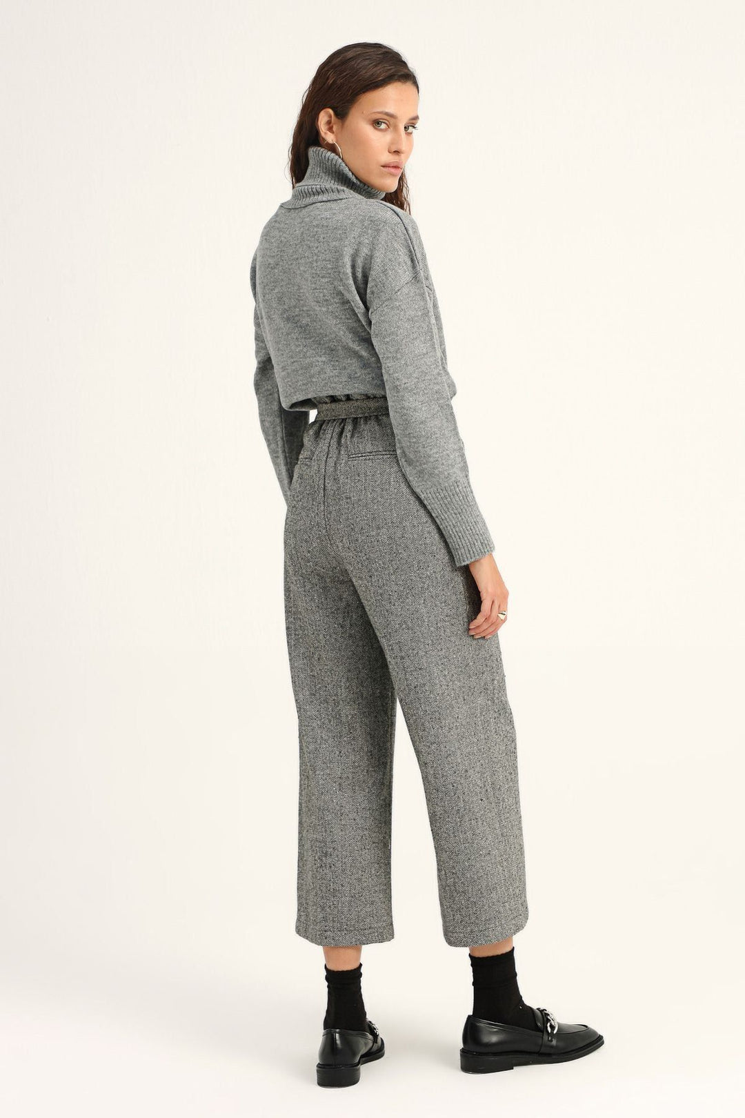 Kemerli Bol Paça Pantolon Gri