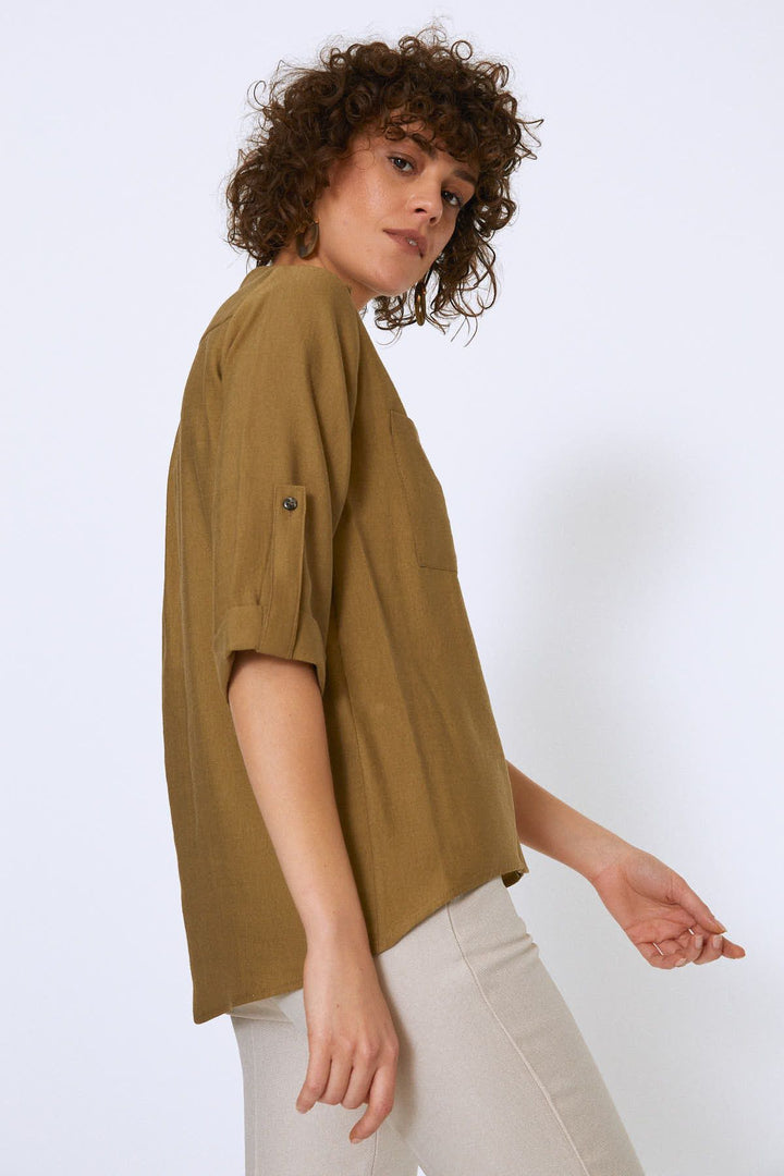 V Neck Three Quarter Sleeve Shirt Khaki