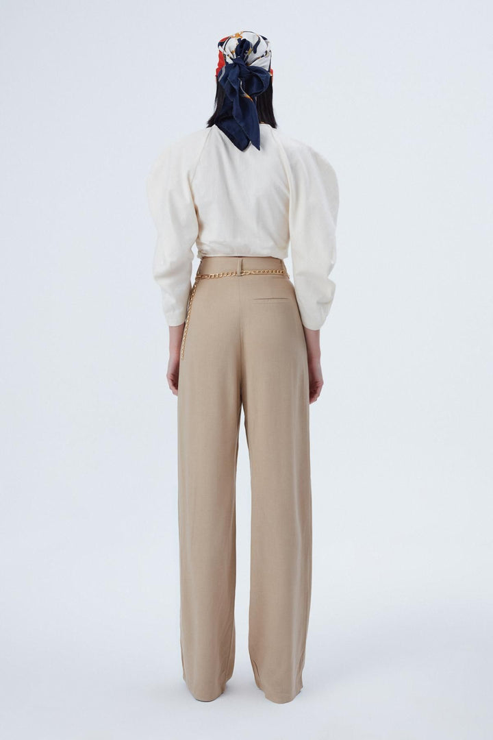 Zincir Kemerli Bol Paça Pantolon Bej